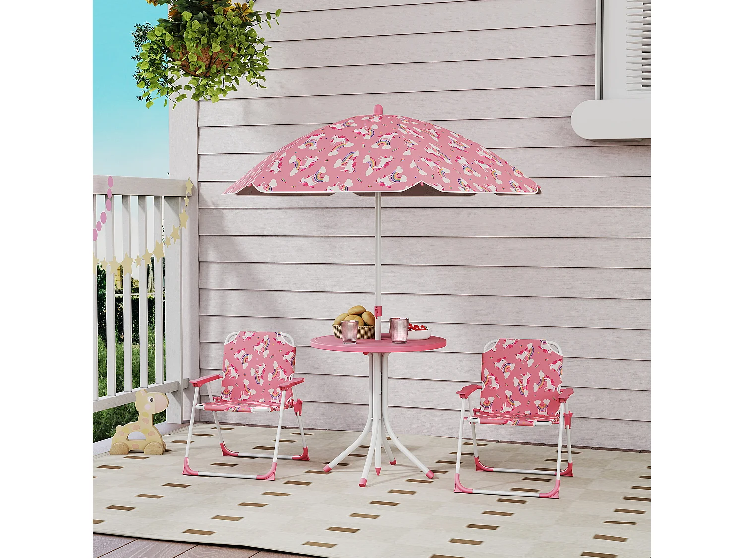 Tavolo picnic per bambini con ombrellone removibile tema giungla rosa