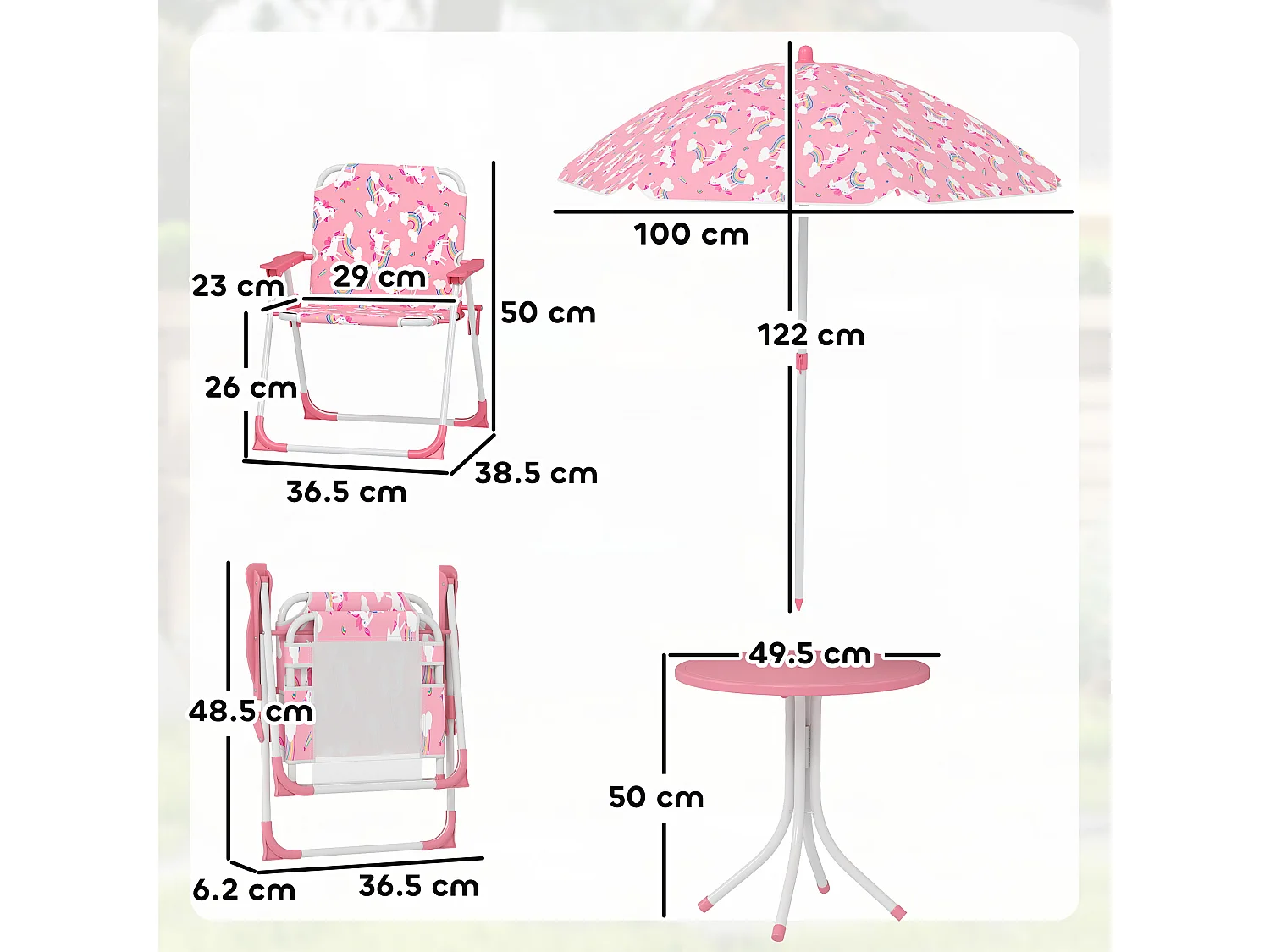 Tavolo picnic per bambini con ombrellone removibile tema giungla rosa