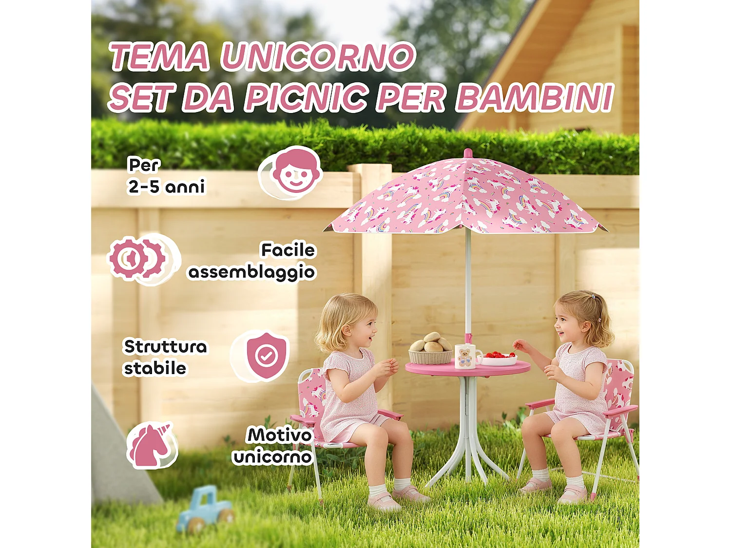 Tavolo picnic per bambini con ombrellone removibile tema giungla rosa