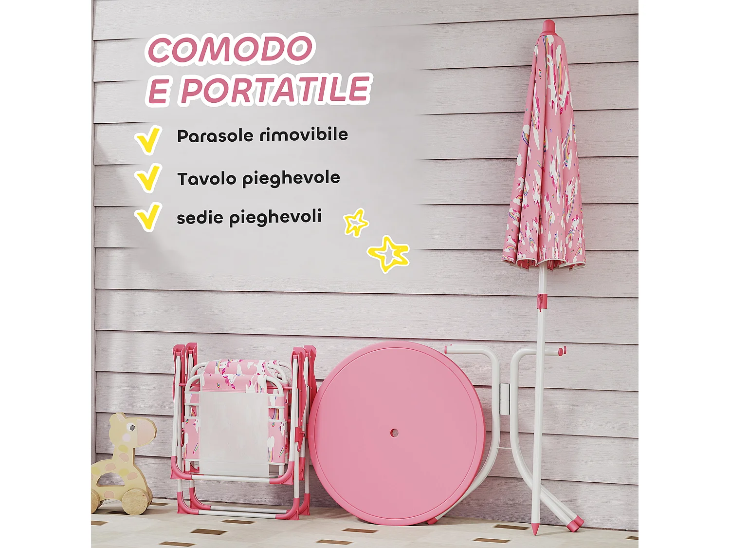 Tavolo picnic per bambini con ombrellone removibile tema giungla rosa