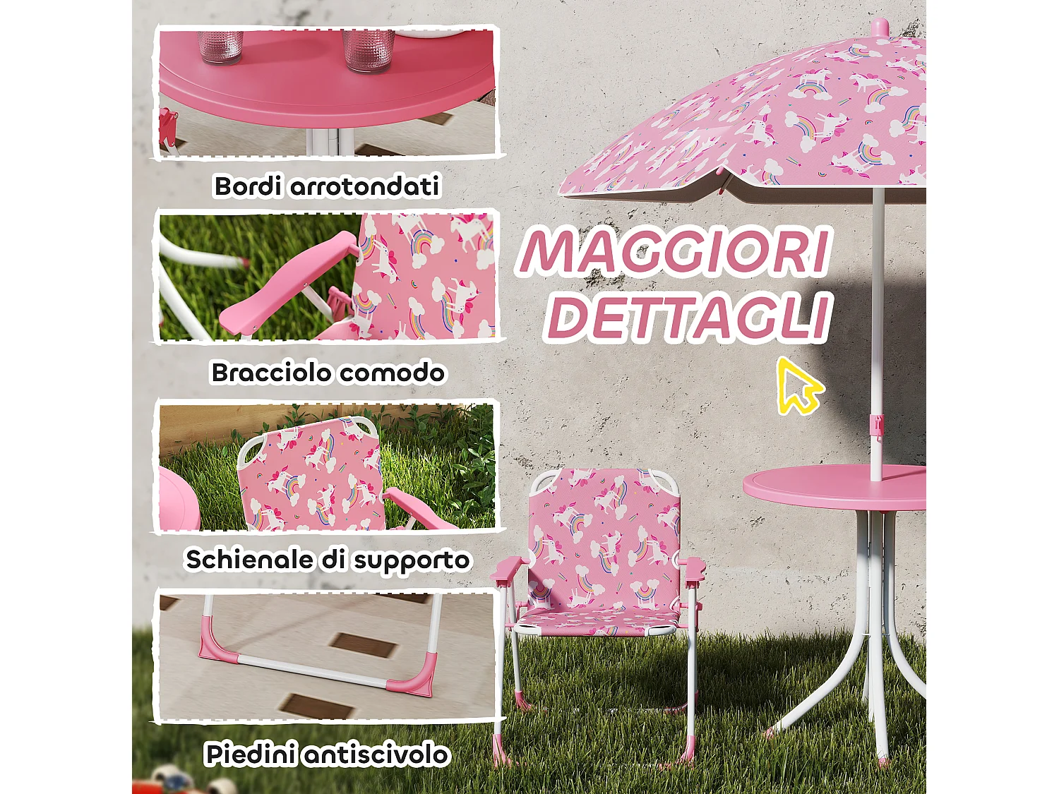 Tavolo picnic per bambini con ombrellone removibile tema giungla rosa