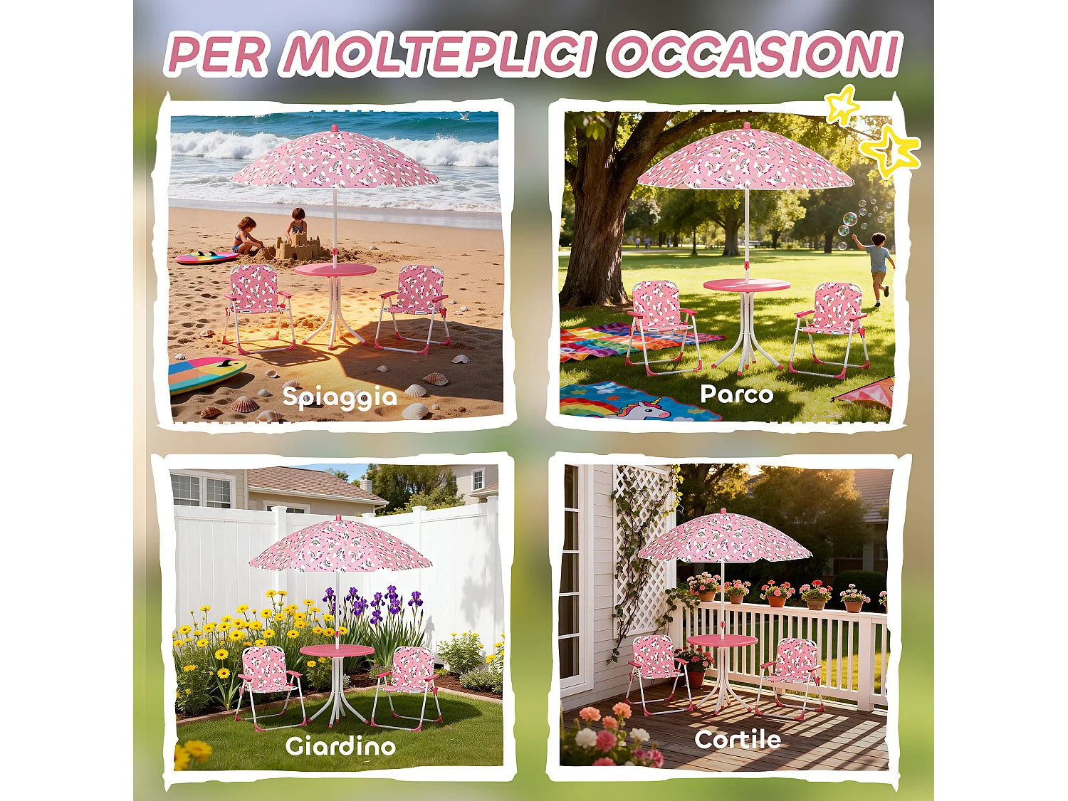 Tavolo picnic per bambini con ombrellone removibile tema giungla rosa