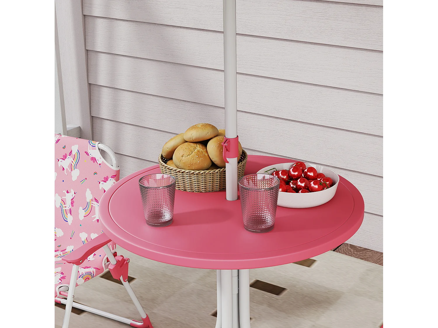 Tavolo picnic per bambini con ombrellone removibile tema giungla rosa