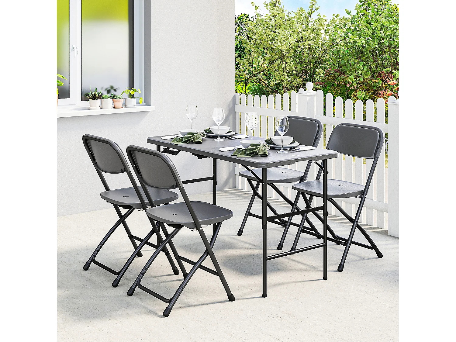Set tavolo e 4 sedie da giardino pieghevoli in hdpe grigio scuro