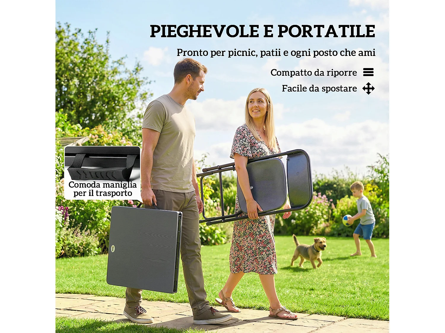 Set tavolo e 4 sedie da giardino pieghevoli in hdpe grigio scuro