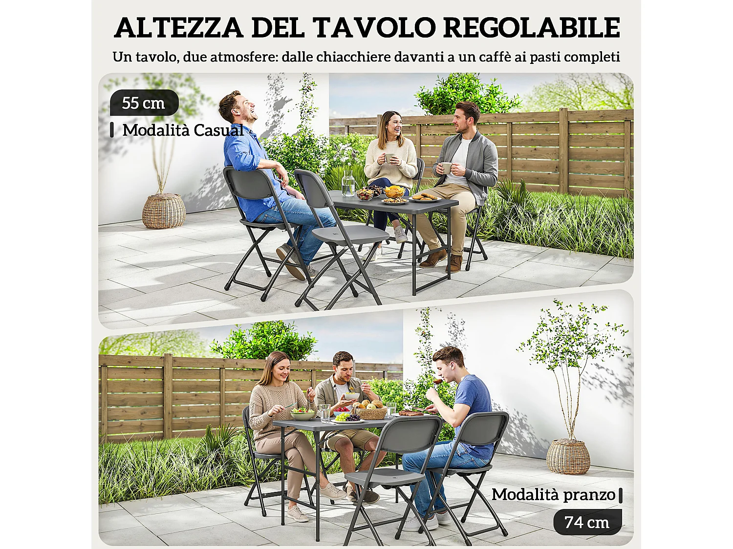 Set tavolo e 4 sedie da giardino pieghevoli in hdpe grigio scuro