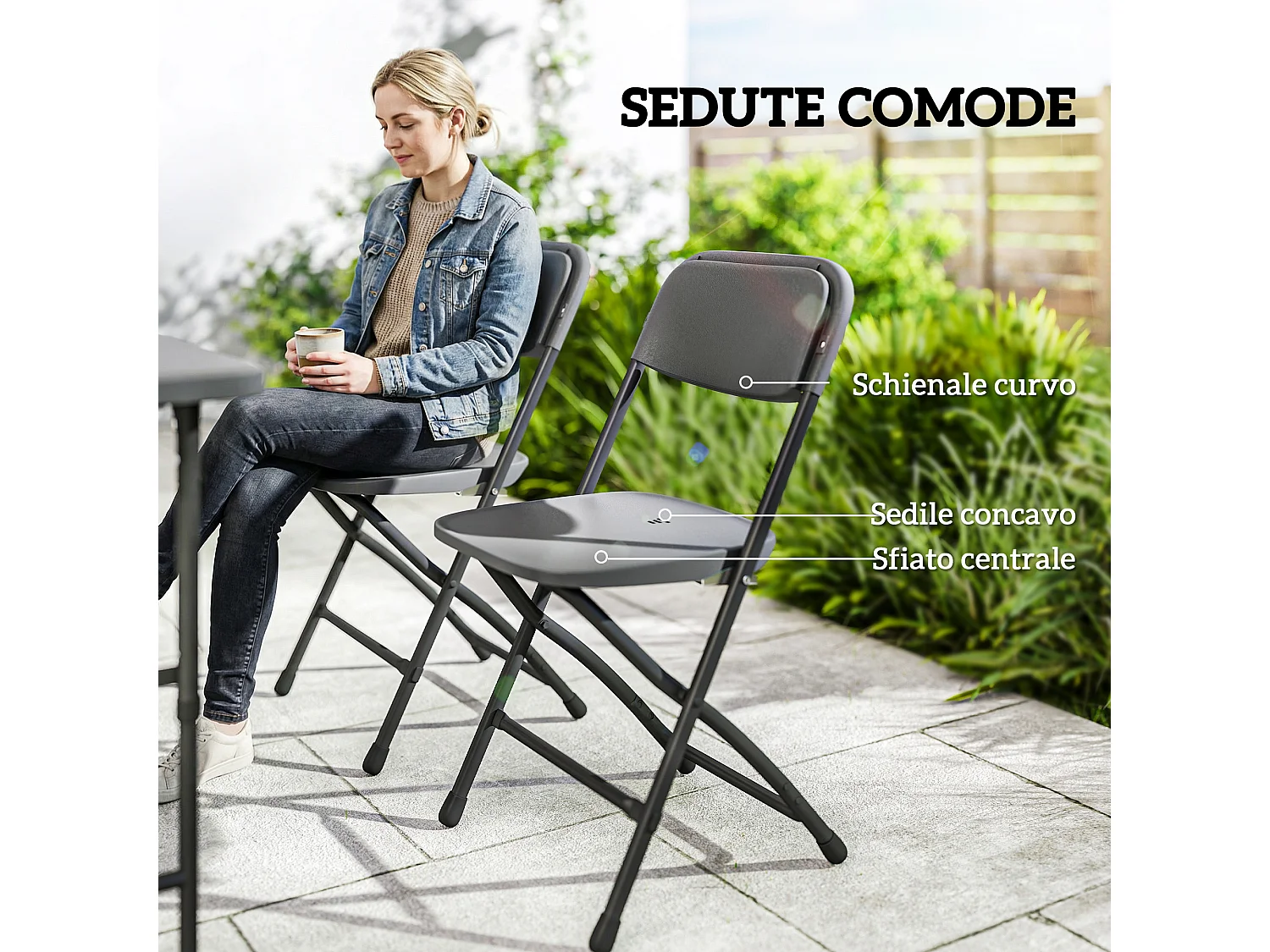 Set tavolo e 4 sedie da giardino pieghevoli in hdpe grigio scuro