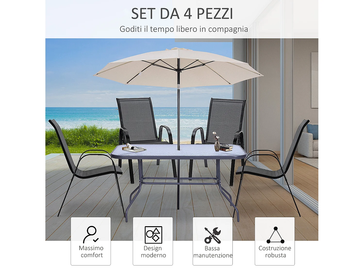 Set 4 sedie da giardino in metallo e tessuto traspirante