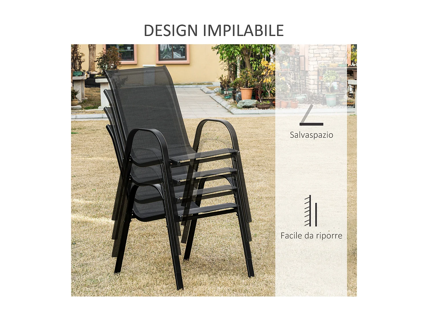 Set 4 sedie da giardino in metallo e tessuto traspirante