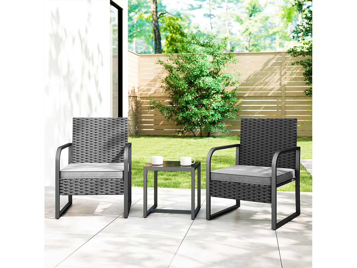 Salotto da giardino in rattan con 2 poltrone e tavolino nero