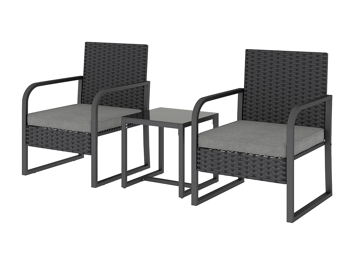 Salotto da giardino in rattan con 2 poltrone e tavolino nero