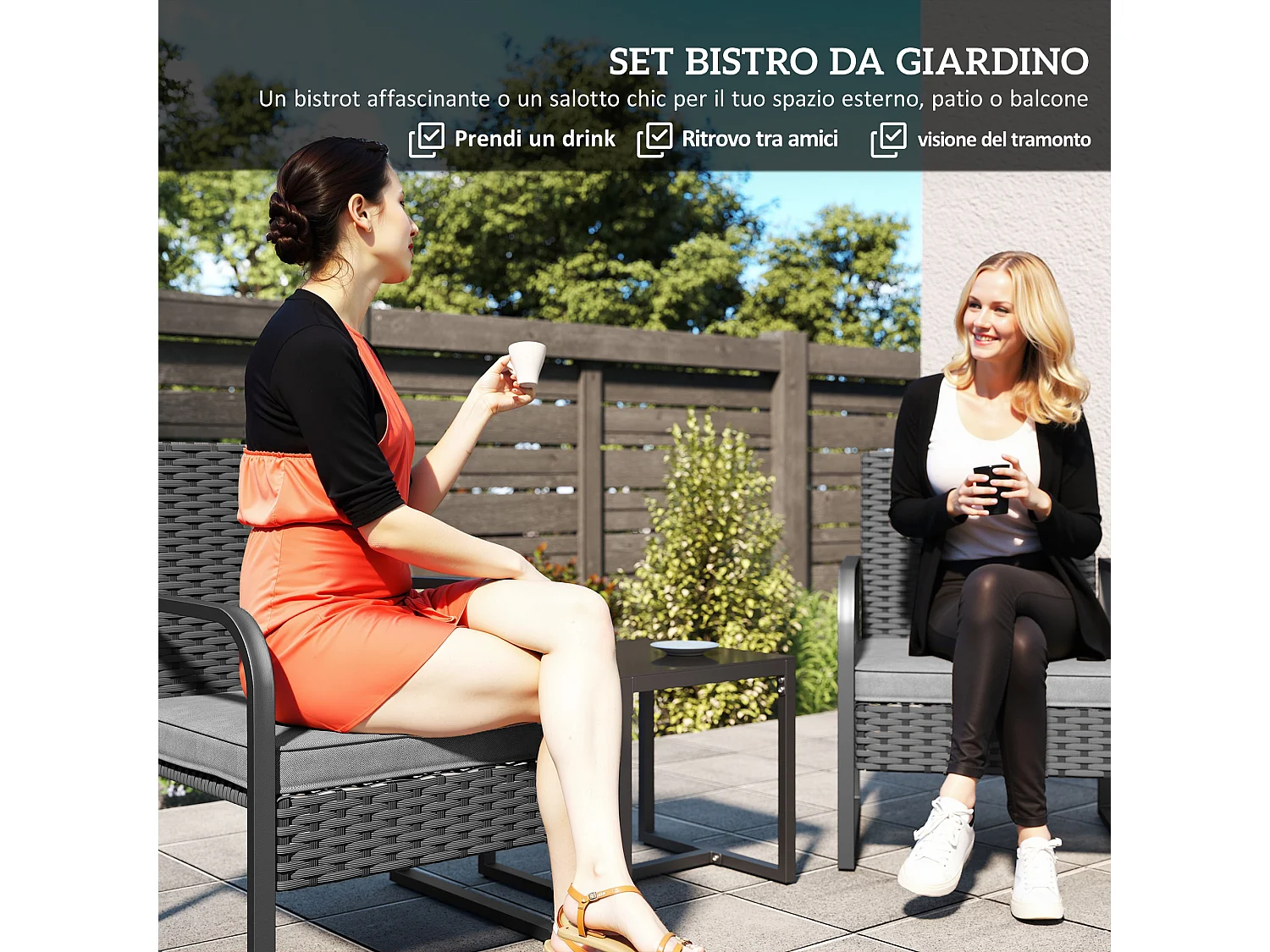 Salotto da giardino in rattan con 2 poltrone e tavolino nero
