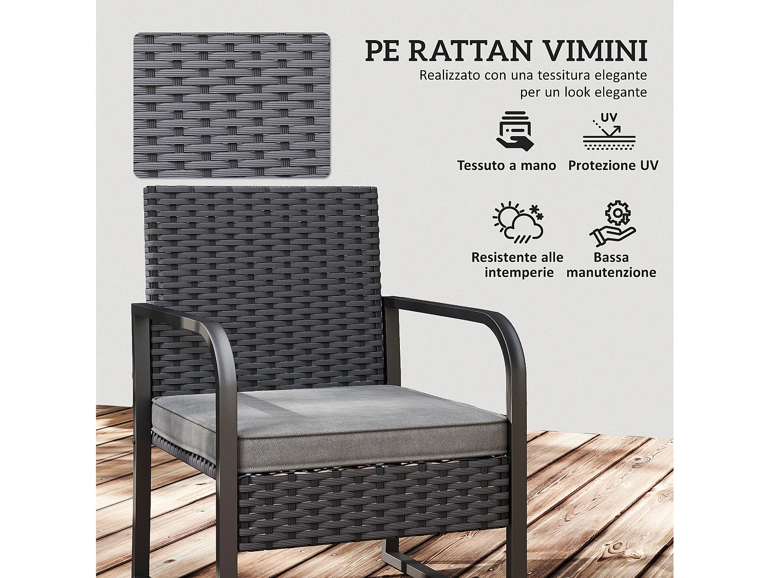 Salotto da giardino in rattan con 2 poltrone e tavolino nero