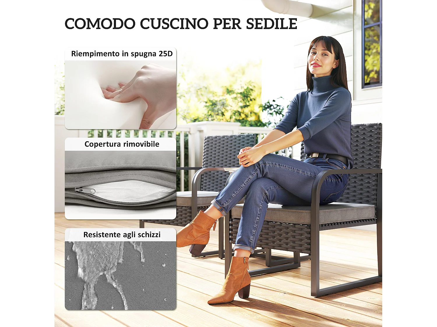 Salotto da giardino in rattan con 2 poltrone e tavolino nero
