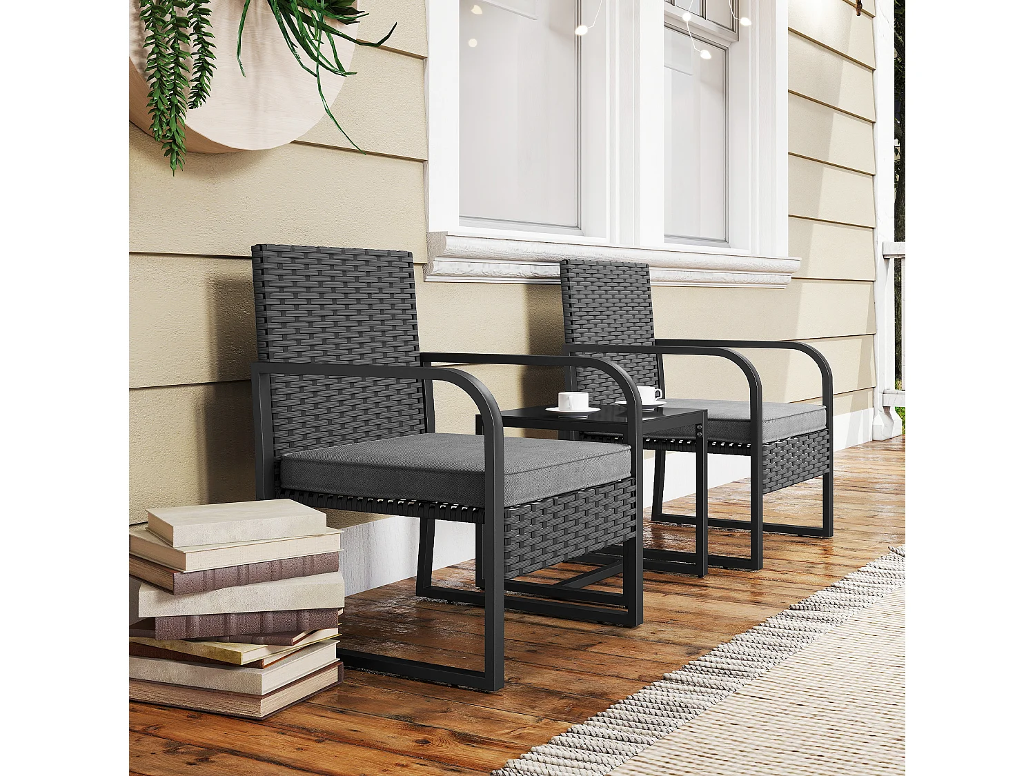 Salotto da giardino in rattan con 2 poltrone e tavolino nero