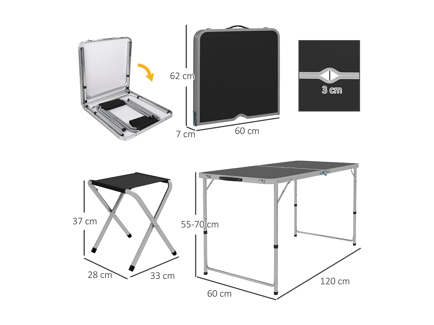 Set tavolo da campeggio pieghevole con 4 sedie nero