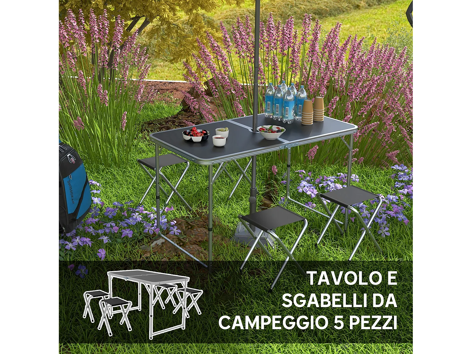 Set tavolo da campeggio pieghevole con 4 sedie nero