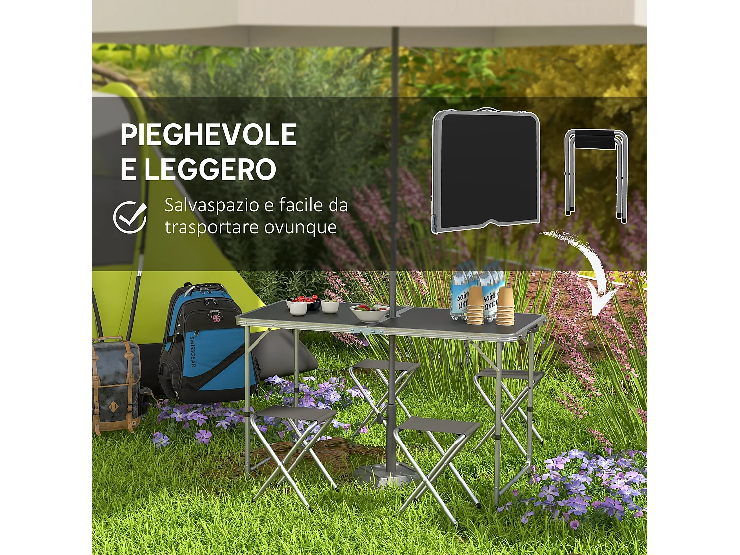 Set tavolo da campeggio pieghevole con 4 sedie nero