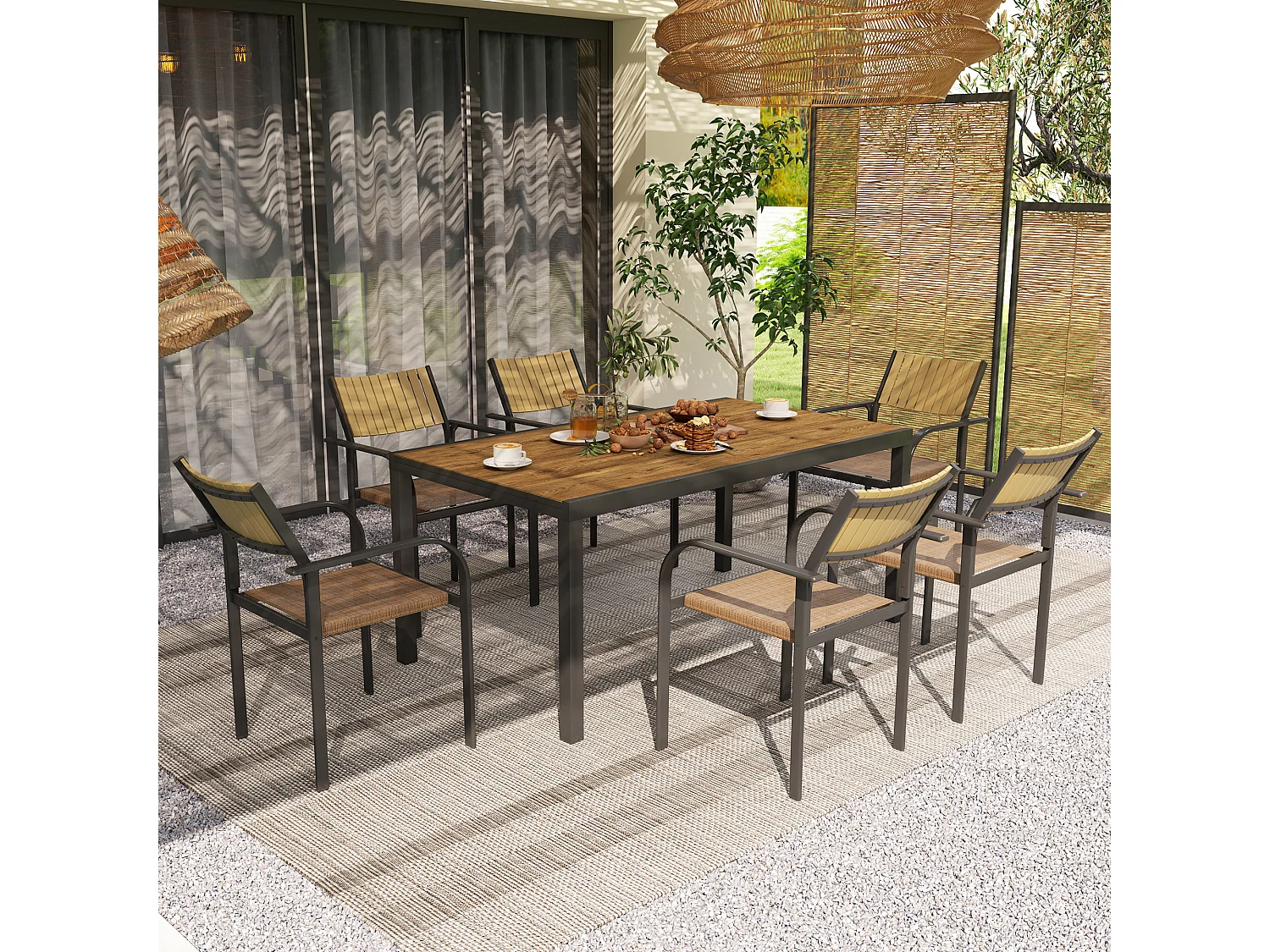 Set da giardino con tavolo allungabile e 6 sedie impilabili marrone