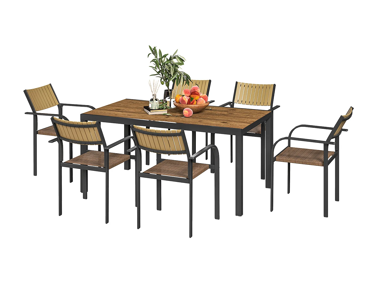 Set da giardino con tavolo allungabile e 6 sedie impilabili marrone
