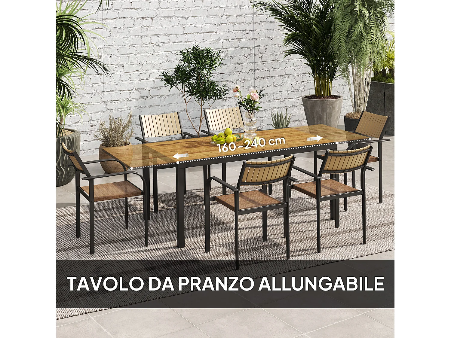 Set da giardino con tavolo allungabile e 6 sedie impilabili marrone