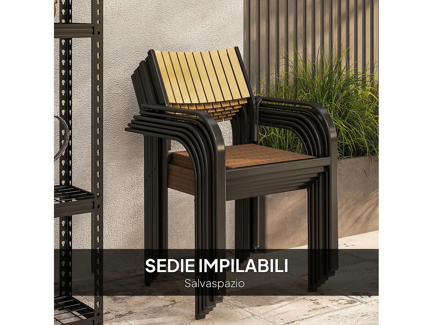 Set da giardino con tavolo allungabile e 6 sedie impilabili marrone