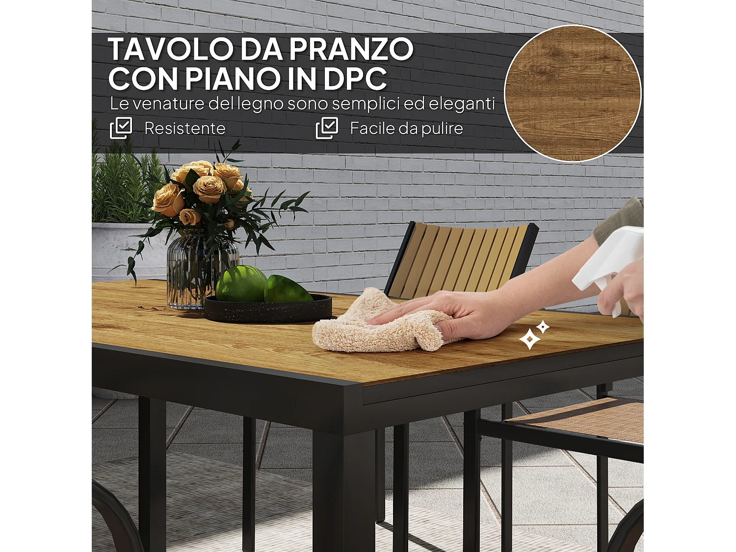 Set da giardino con tavolo allungabile e 6 sedie impilabili marrone