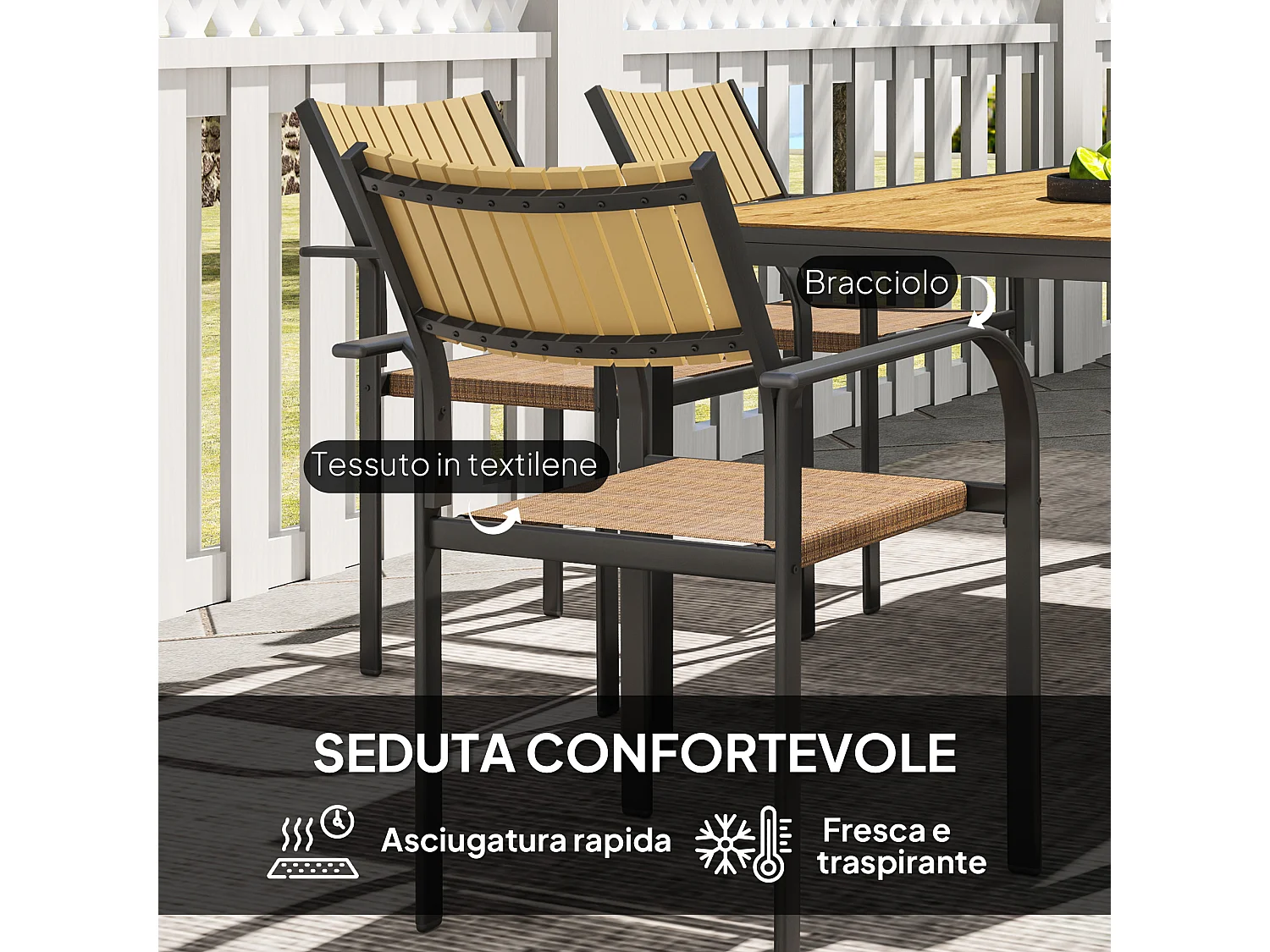 Set da giardino con tavolo allungabile e 6 sedie impilabili marrone