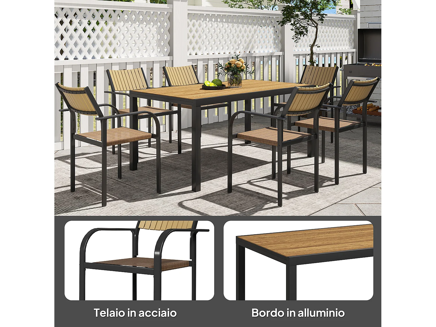 Set da giardino con tavolo allungabile e 6 sedie impilabili marrone