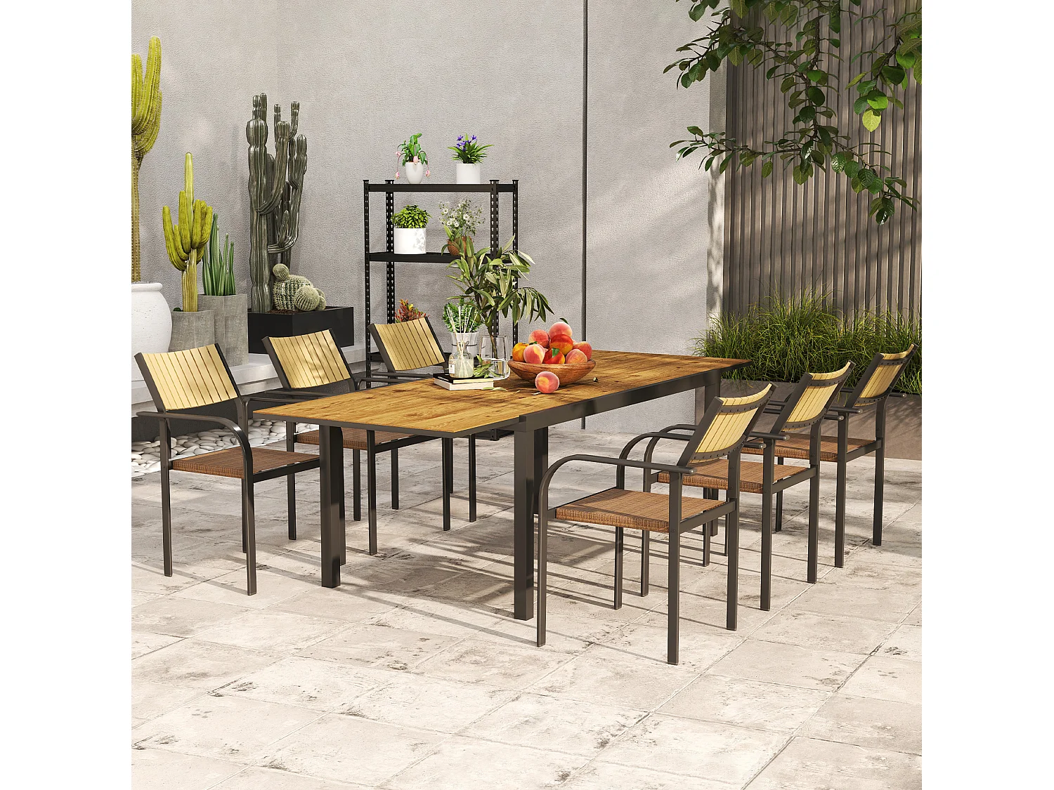 Set da giardino con tavolo allungabile e 6 sedie impilabili marrone