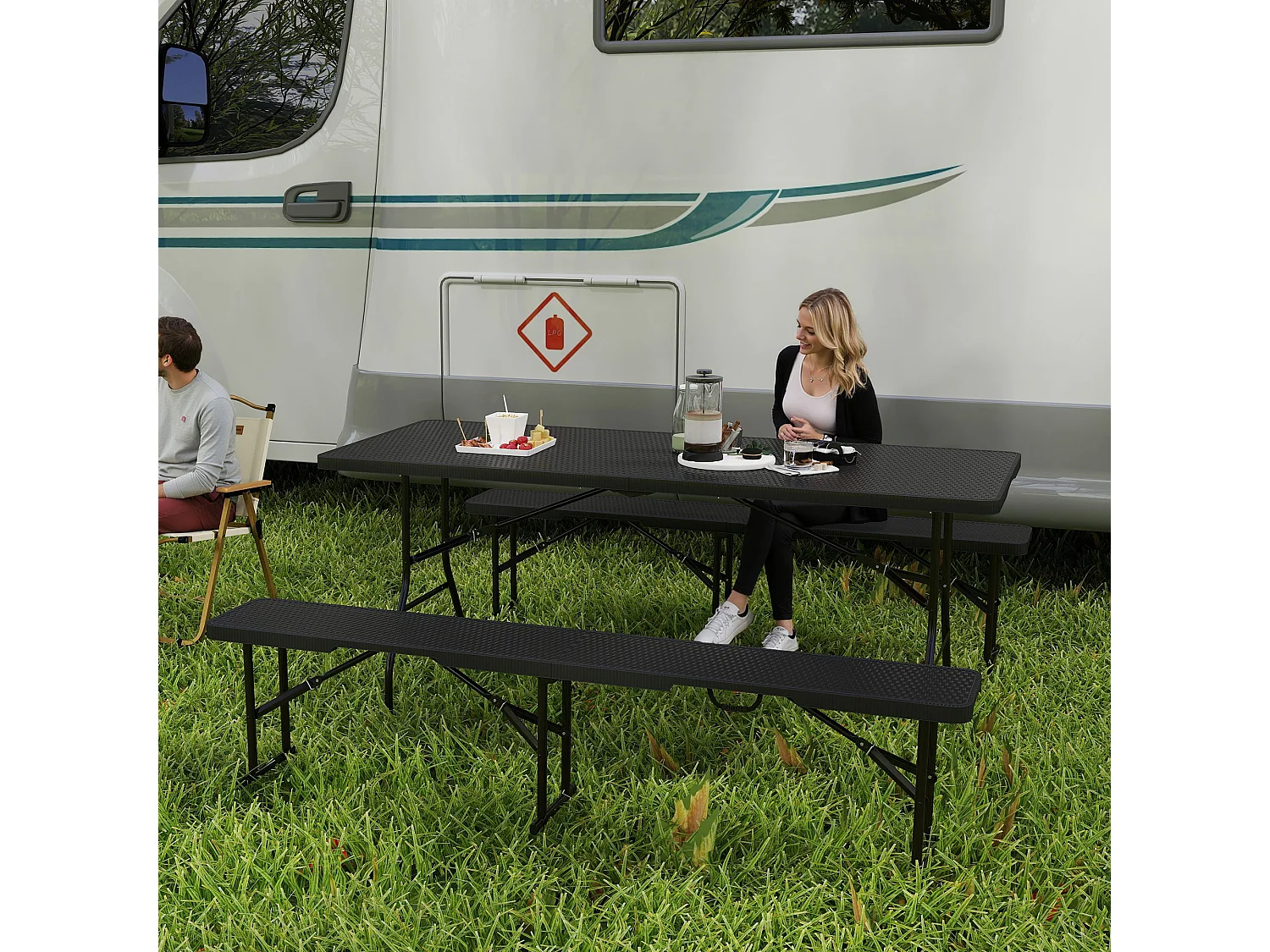 Set da pic nic pieghevole a 3 pezzi con tavolo e 2 panche nero