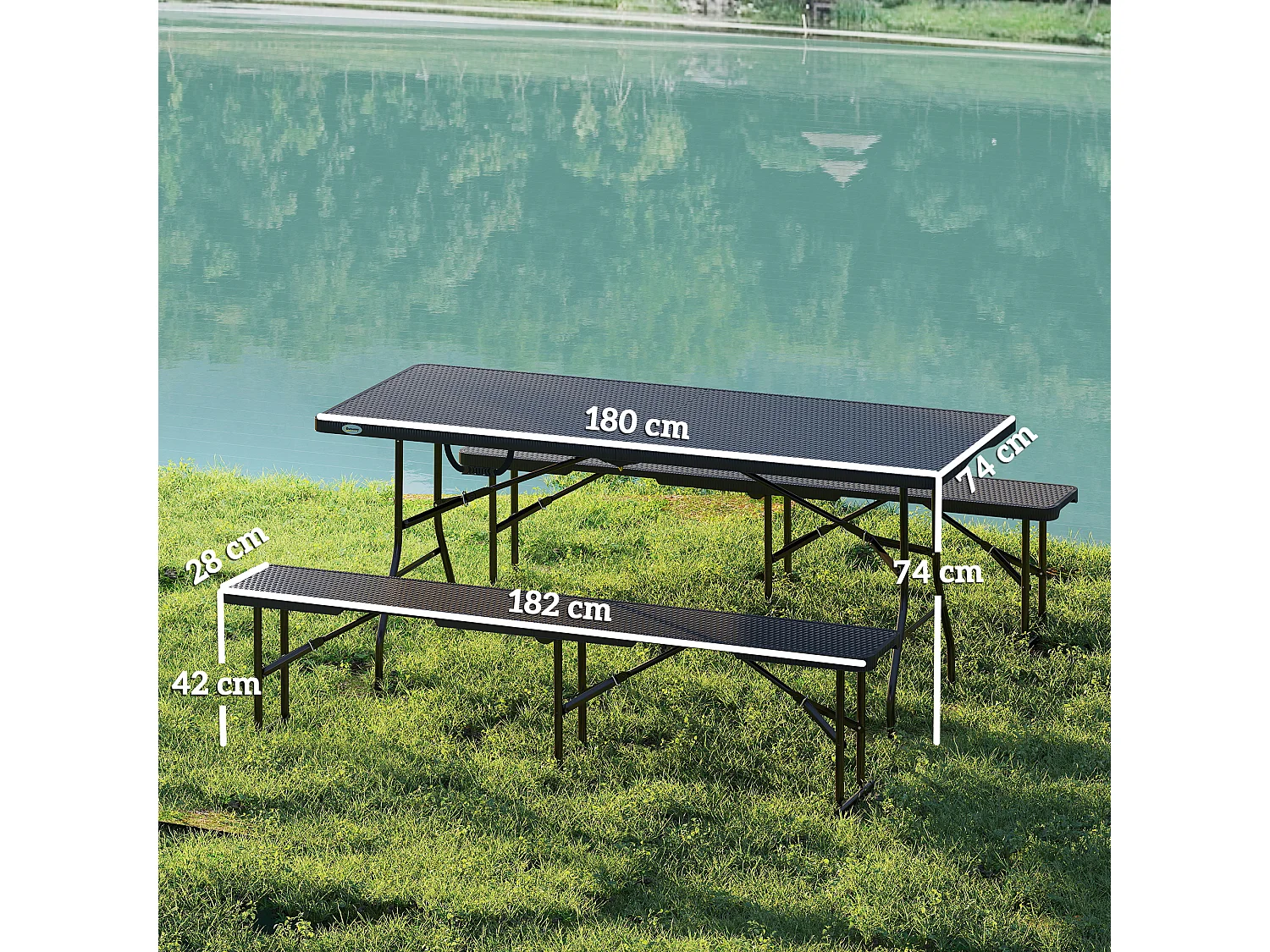 Set da pic nic pieghevole a 3 pezzi con tavolo e 2 panche nero