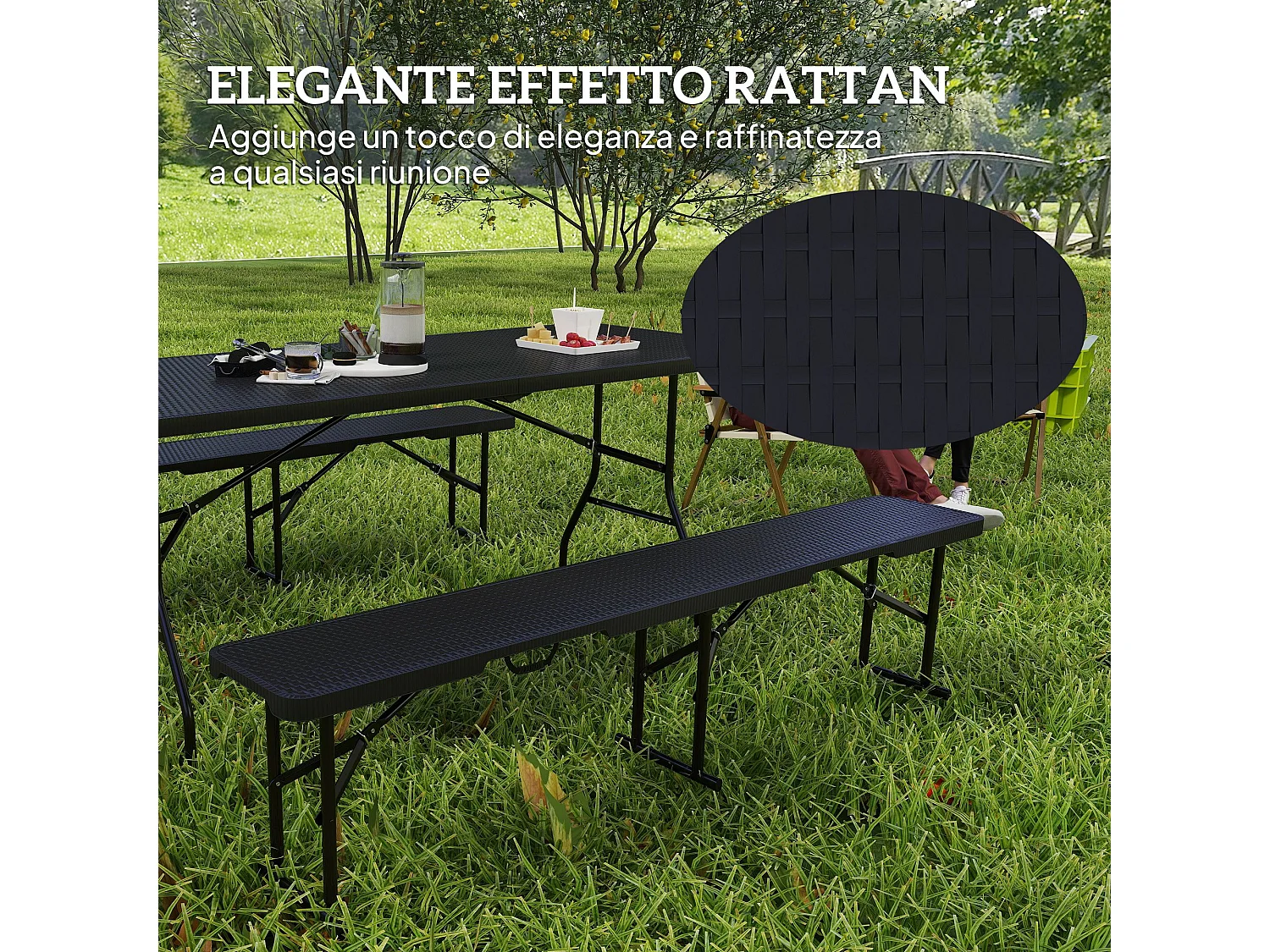 Set da pic nic pieghevole a 3 pezzi con tavolo e 2 panche nero