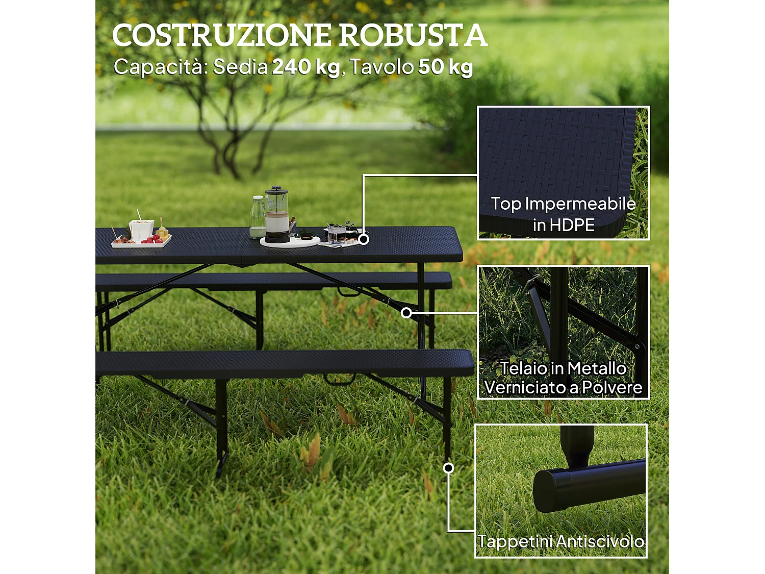 Set da pic nic pieghevole a 3 pezzi con tavolo e 2 panche nero