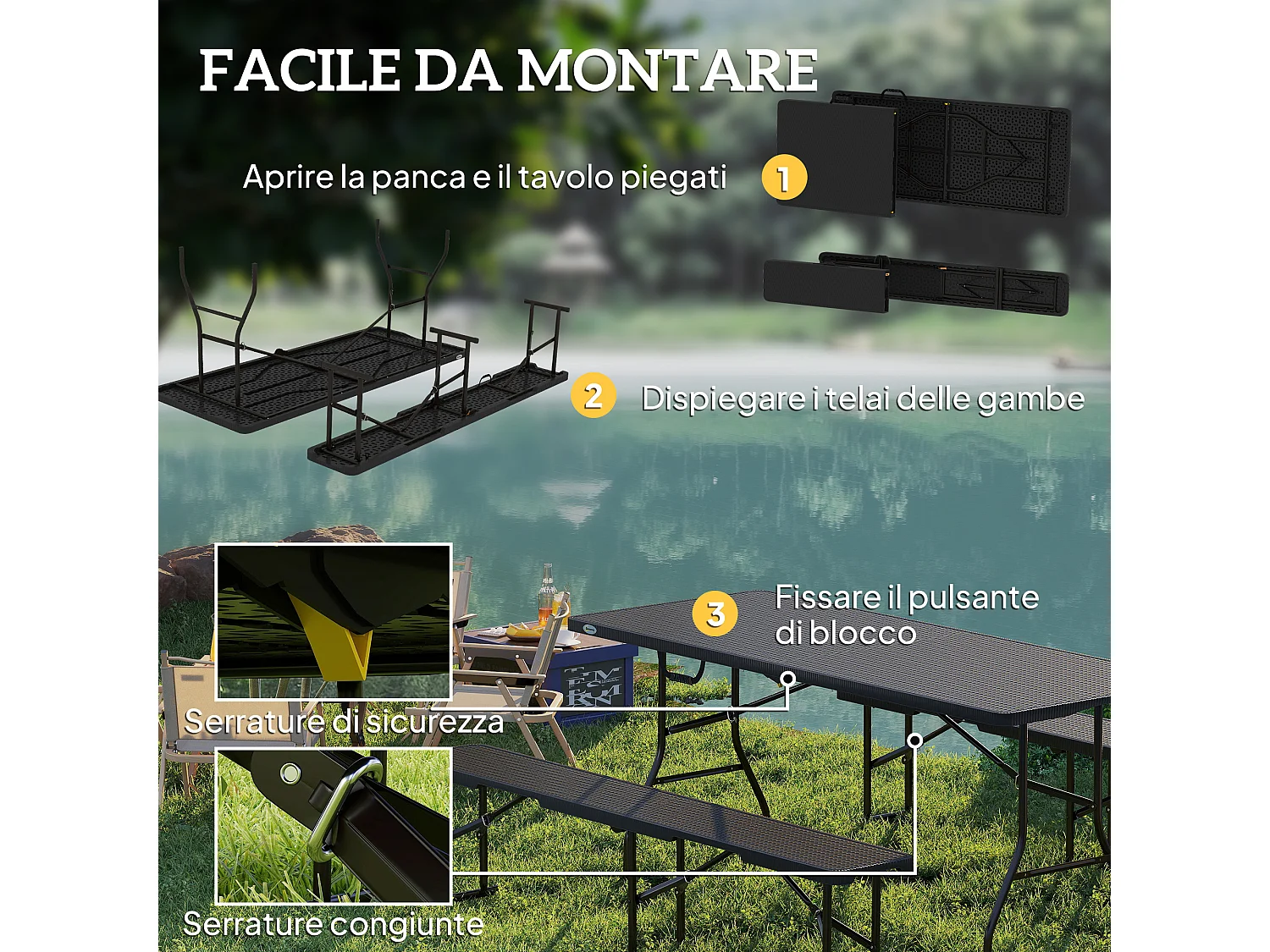 Set da pic nic pieghevole a 3 pezzi con tavolo e 2 panche nero