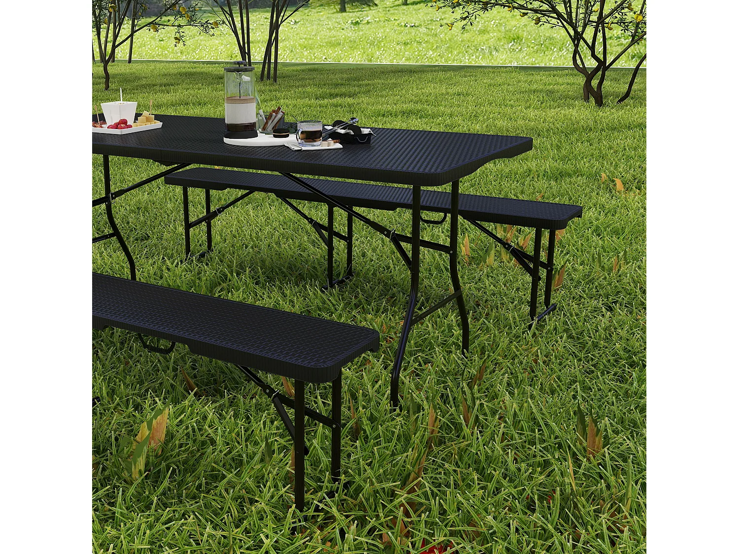 Set da pic nic pieghevole a 3 pezzi con tavolo e 2 panche nero