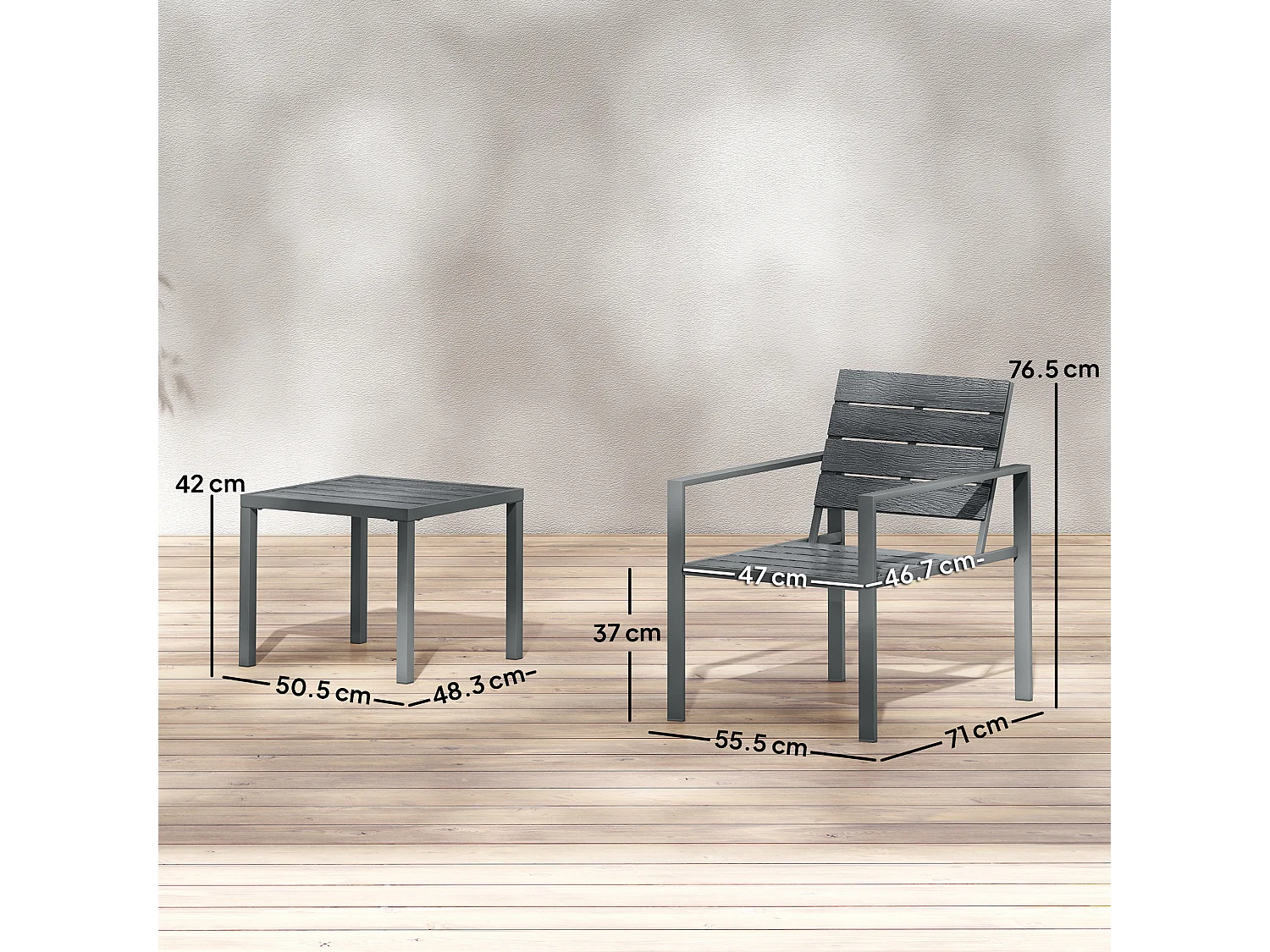 Set da giardino 3pz con 2 sedie e tavolino grigio scuro