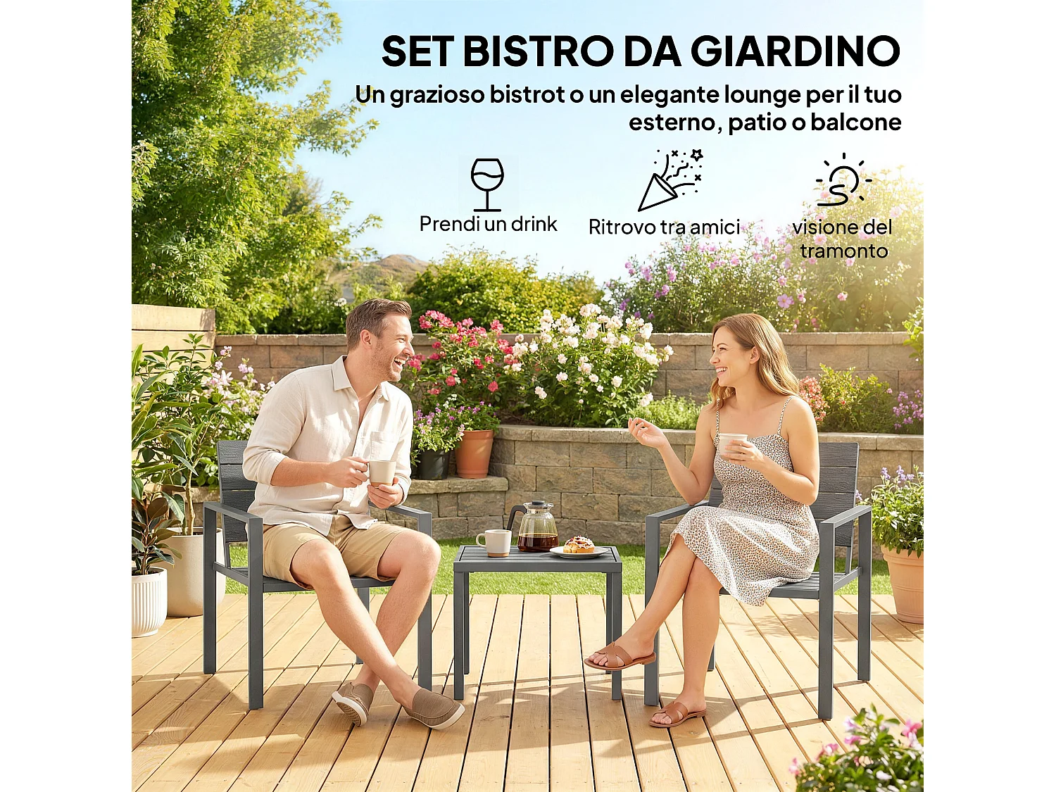 Set da giardino 3pz con 2 sedie e tavolino grigio scuro