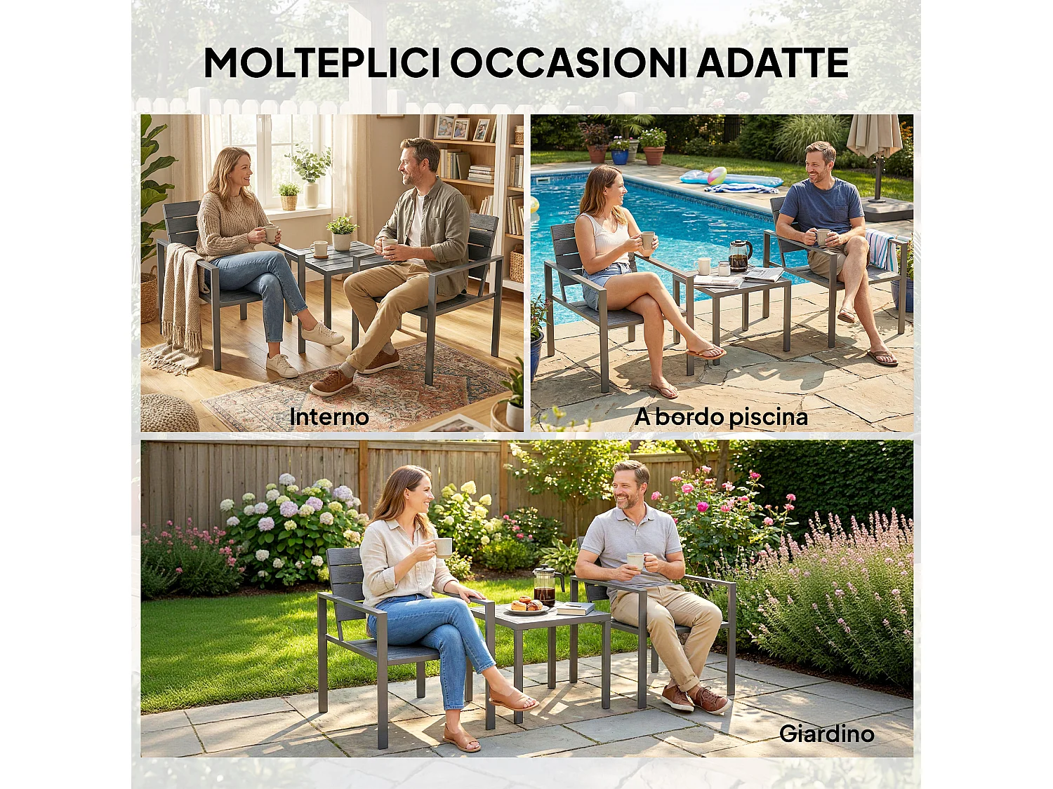 Set da giardino 3pz con 2 sedie e tavolino grigio scuro