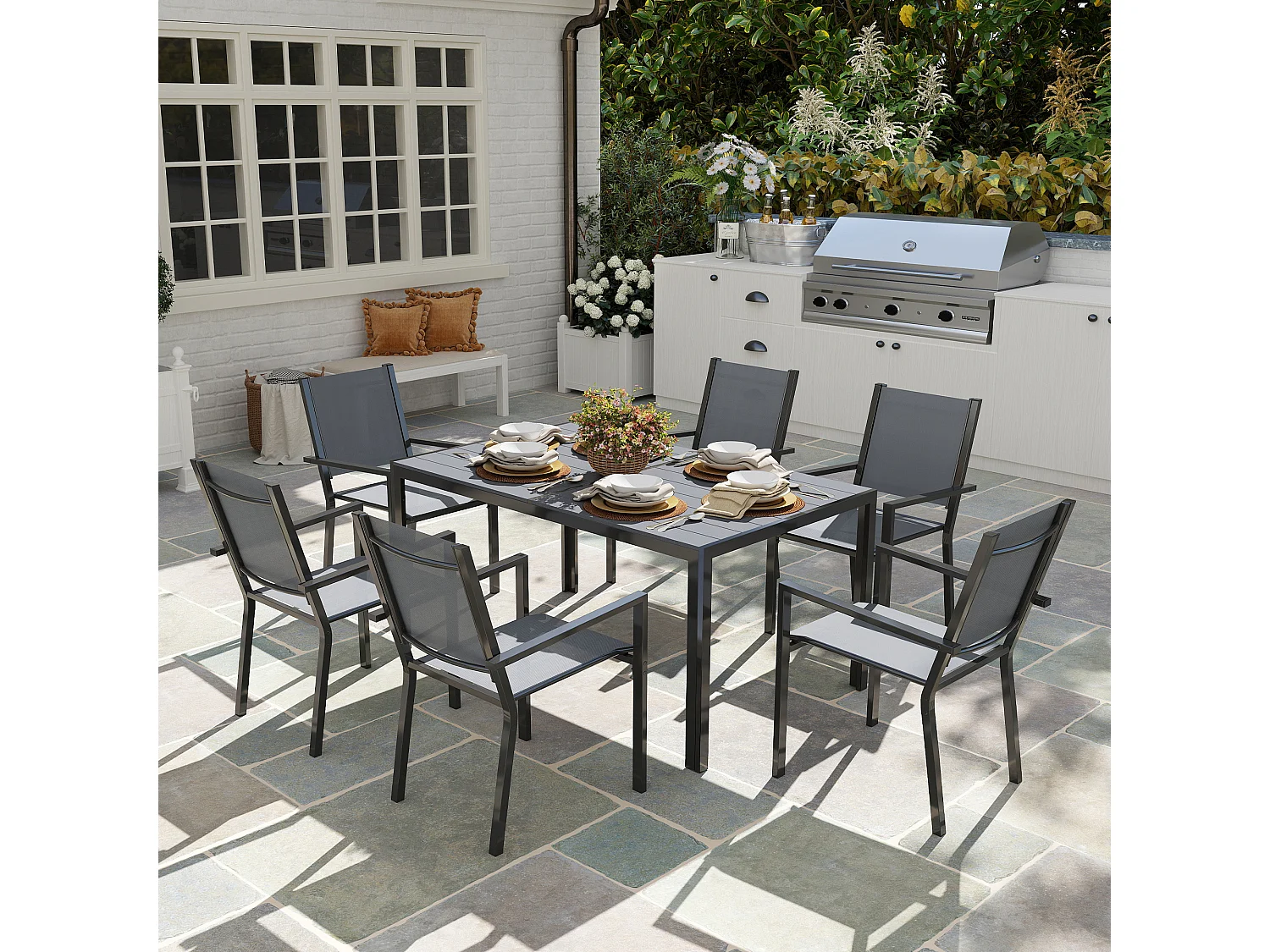 Set da giardino 7pz tavolo e 6 sedie impilabili grigio