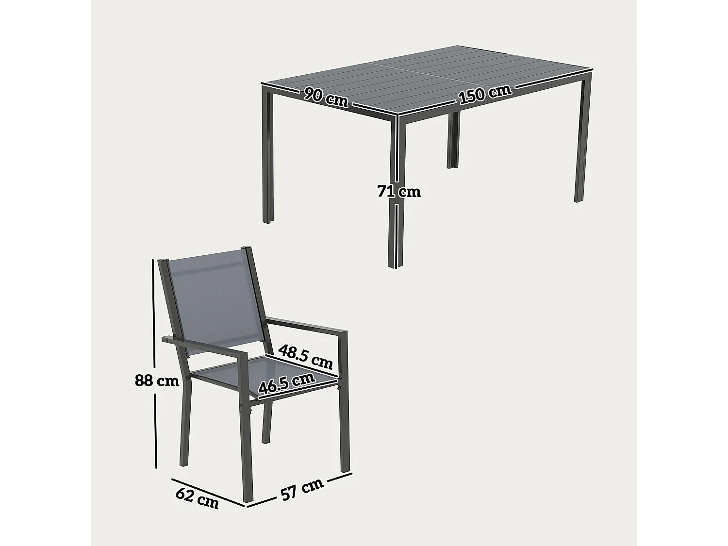Set da giardino 7pz tavolo e 6 sedie impilabili grigio
