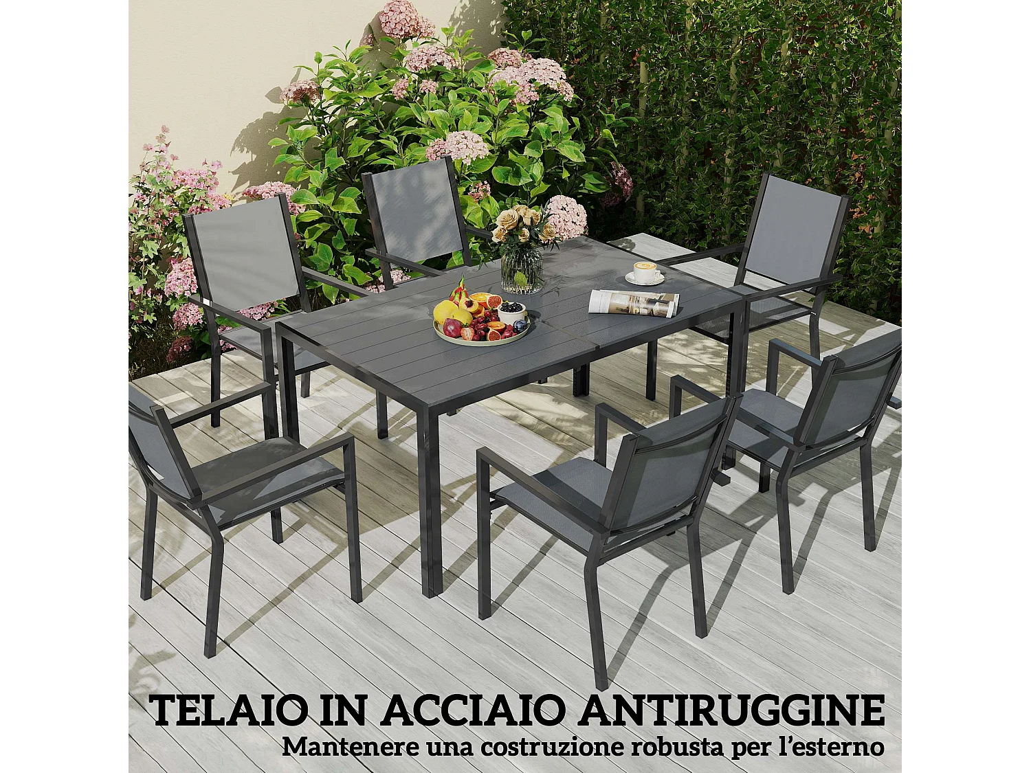 Set da giardino 7pz tavolo e 6 sedie impilabili grigio