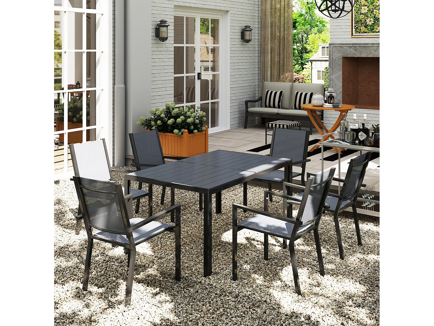 Set da giardino 7pz tavolo e 6 sedie impilabili grigio