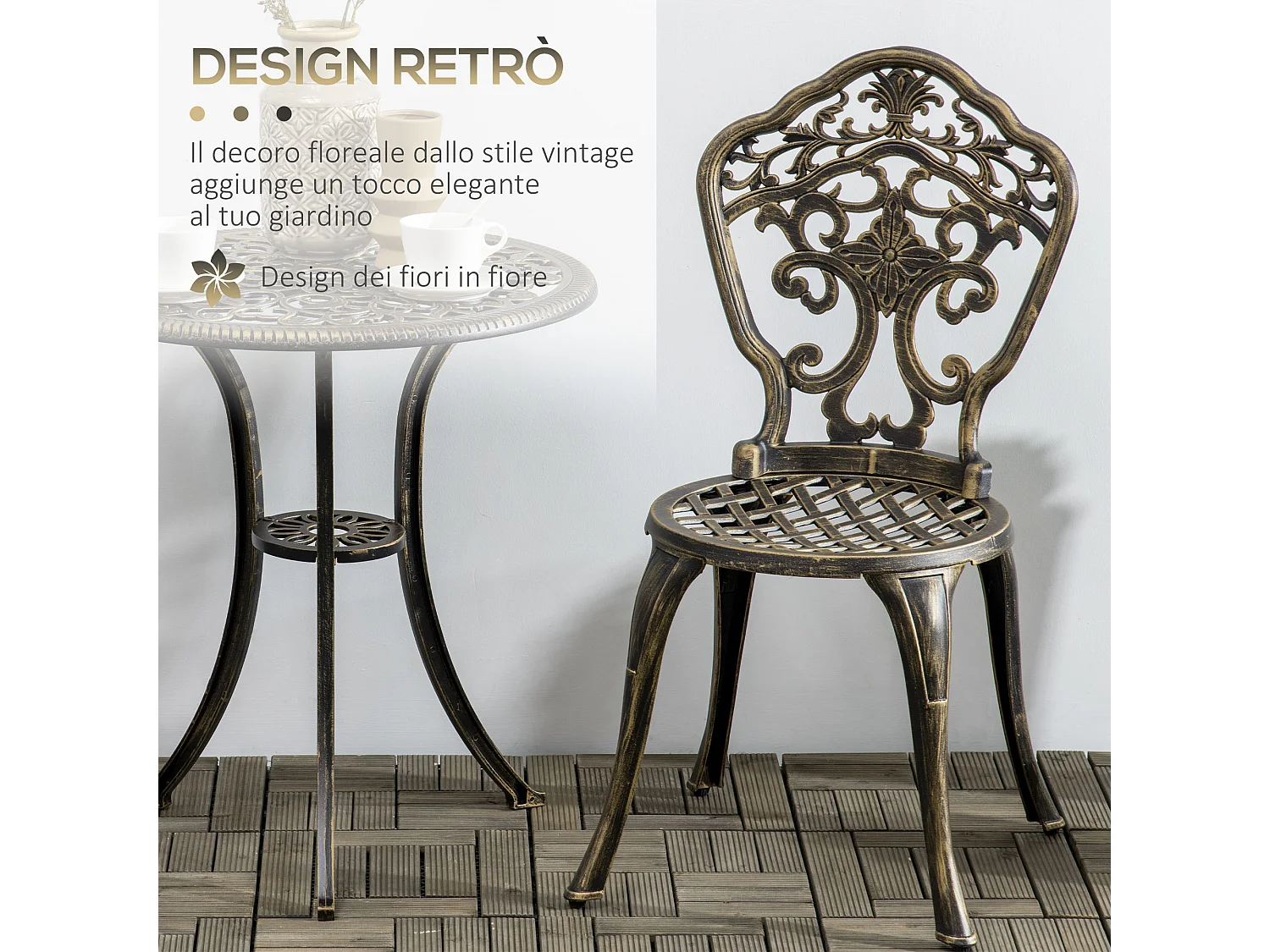 Set da esterno 3pz con 2 sedie da giardino e tavolino rotondo bronzo