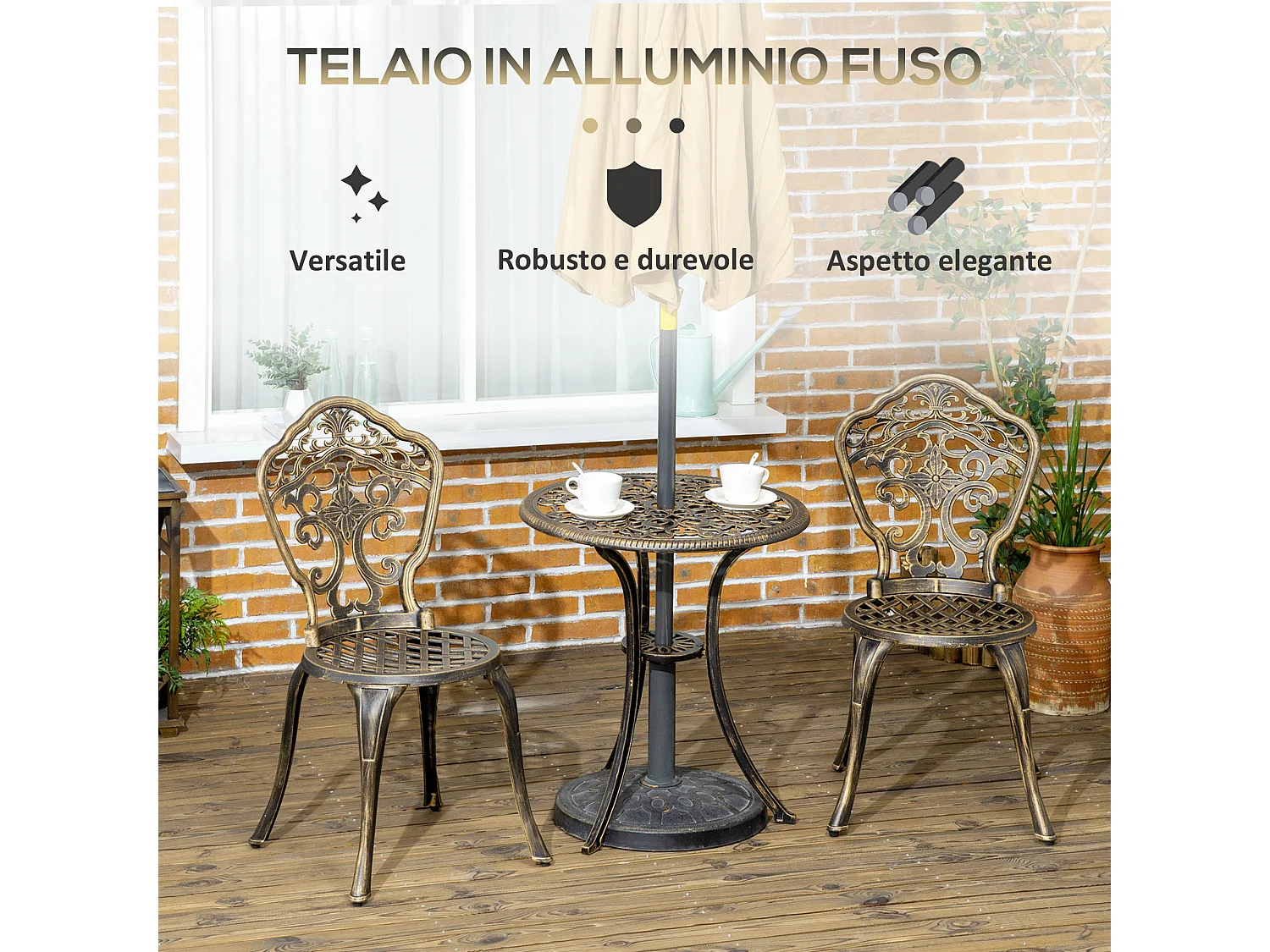 Set da esterno 3pz con 2 sedie da giardino e tavolino rotondo bronzo