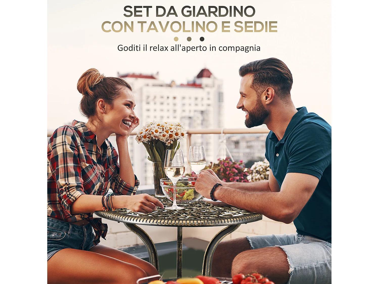 Set da esterno 3pz con 2 sedie da giardino e tavolino rotondo bronzo