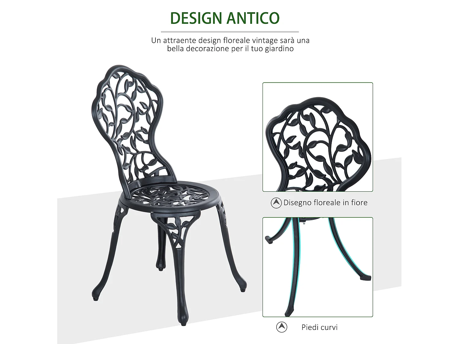 Set tavolino e sedie da giardino 3 pezzi in alluminio nero