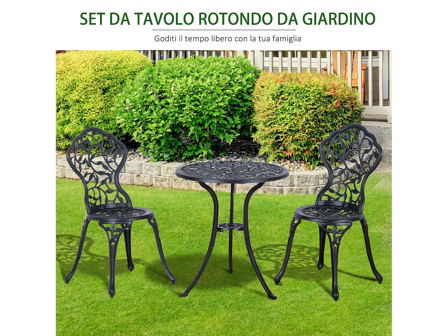 Set tavolino e sedie da giardino 3 pezzi in alluminio nero