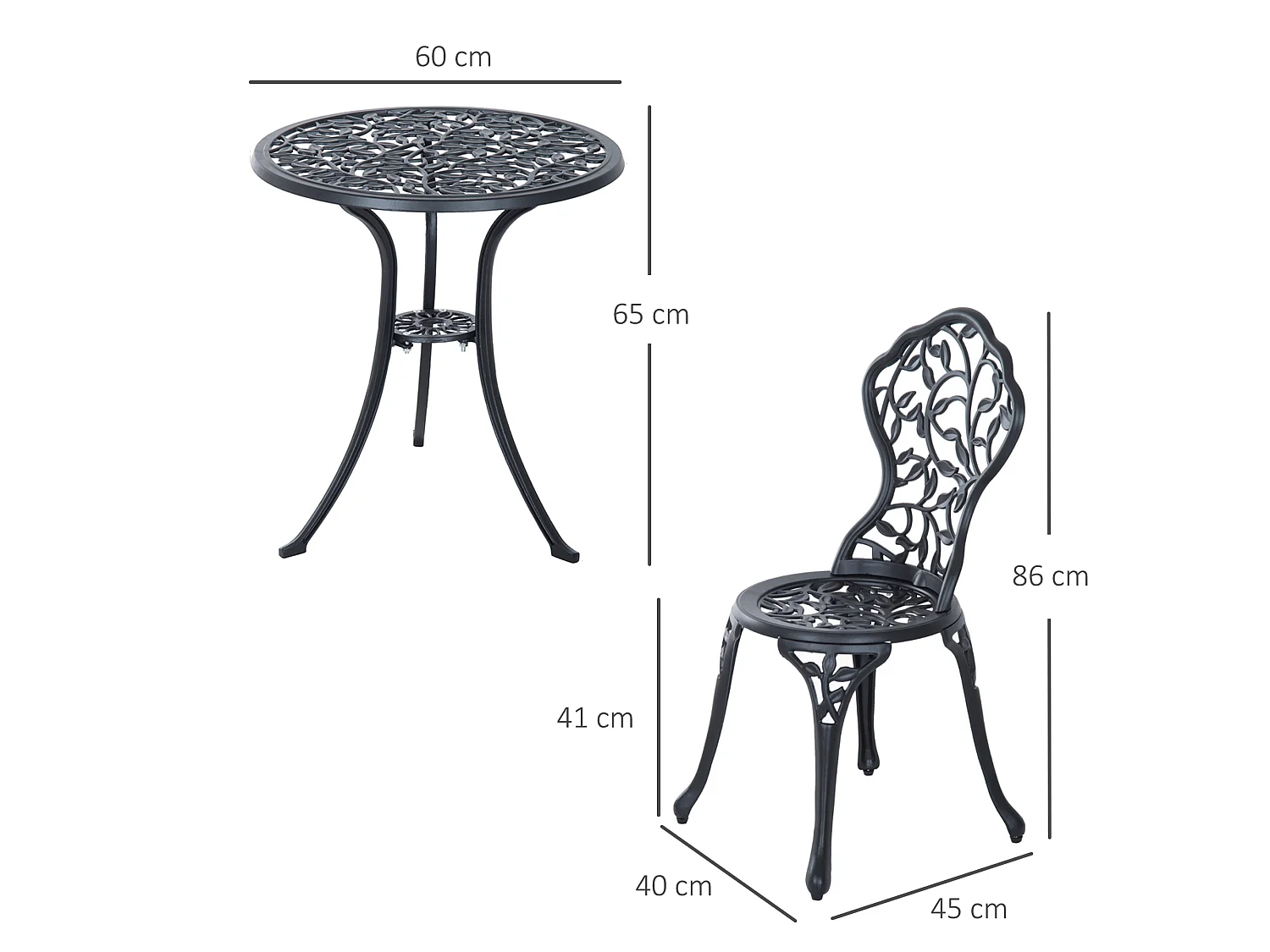 Set tavolino e sedie da giardino 3 pezzi in alluminio nero