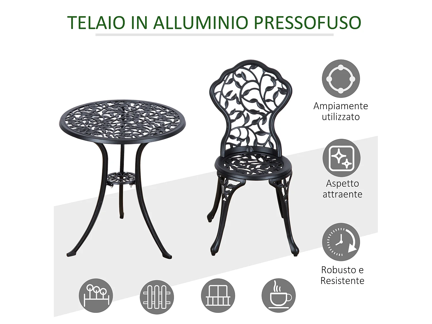Set tavolino e sedie da giardino 3 pezzi in alluminio nero